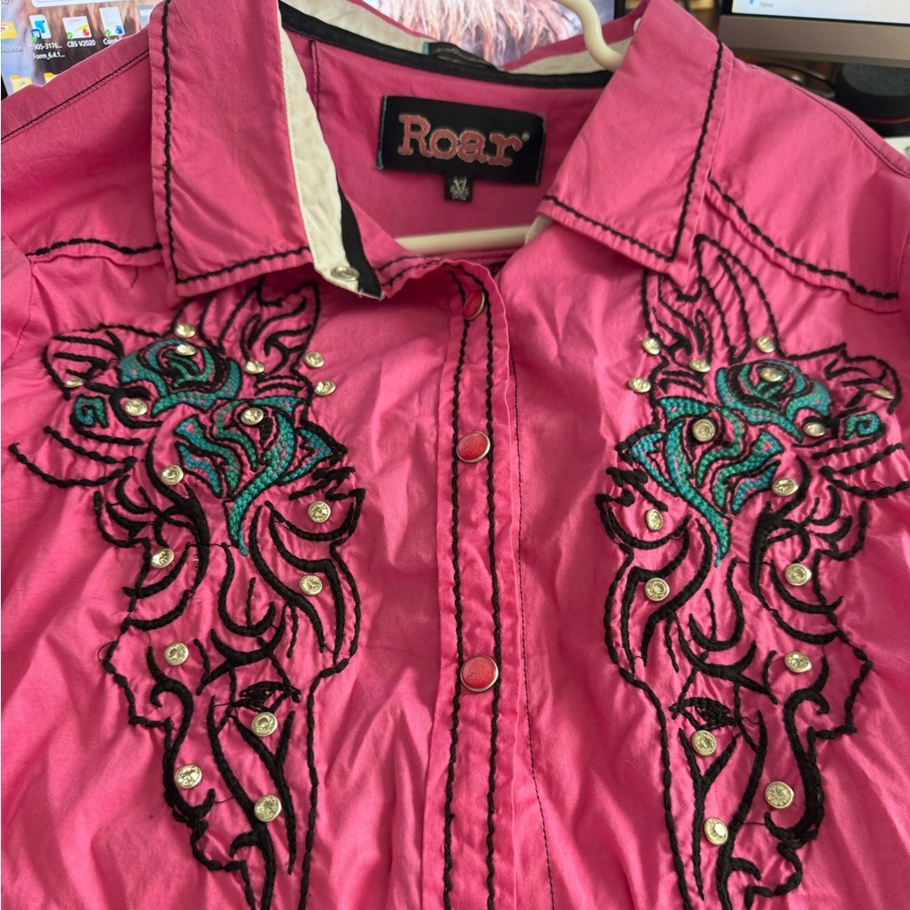 Roar Pink Embroidered Blouse with Black and Green Accents